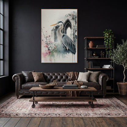 Heron Beside Rosebuds Moody Gothic wall art in a moody dark academia room – watercolor and ink heron with yellow beak