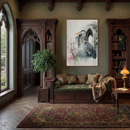 Heron Beside Rosebuds Moody Gothic wall art in a moody dark academia room – watercolor and ink heron with yellow beak
