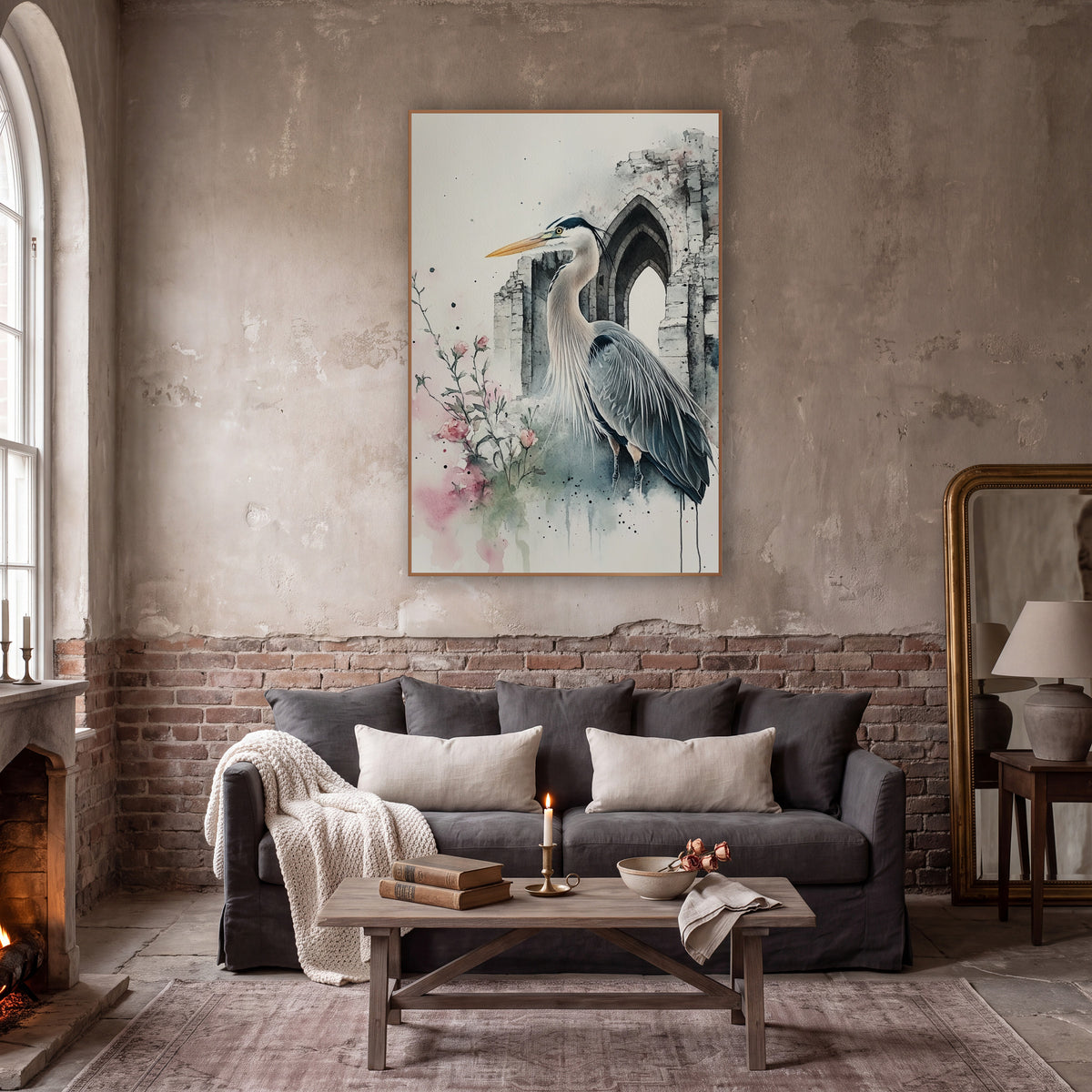 Heron Beside Rosebuds Moody Gothic wall art in a moody dark academia room – watercolor and ink heron with yellow beak