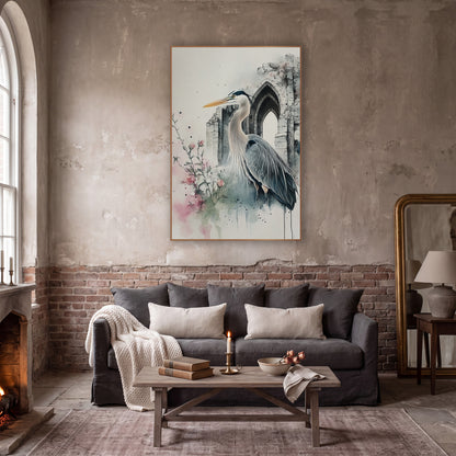 Heron Beside Rosebuds Moody Gothic wall art in a moody dark academia room – watercolor and ink heron with yellow beak