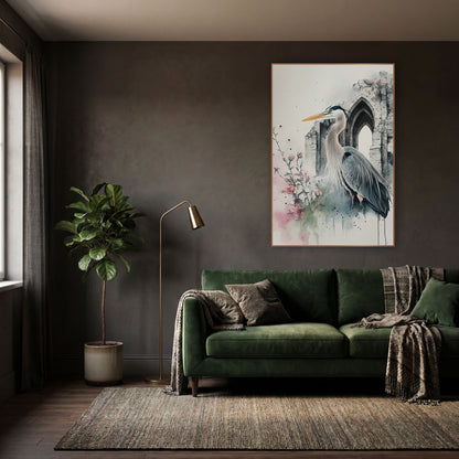 Heron Beside Rosebuds Moody Gothic wall art in a moody dark academia room – watercolor and ink heron with yellow beak