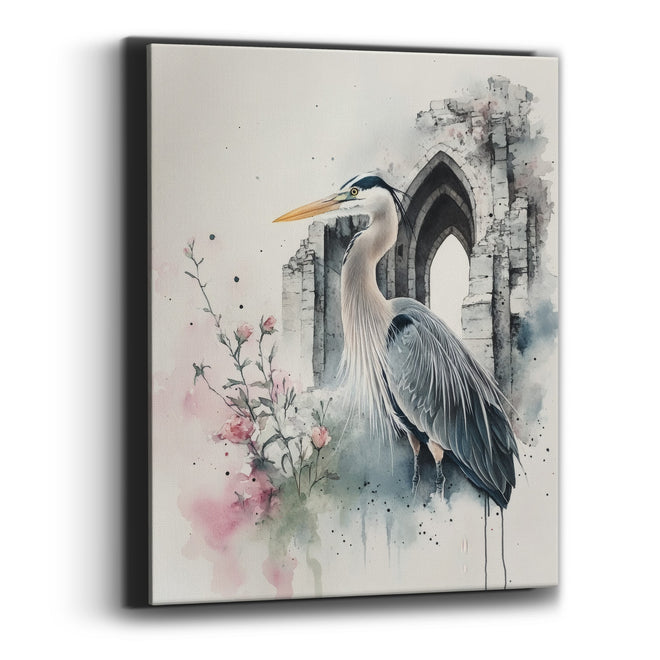 Heron Beside Rosebuds Moody Gothic Canvas Wall Art