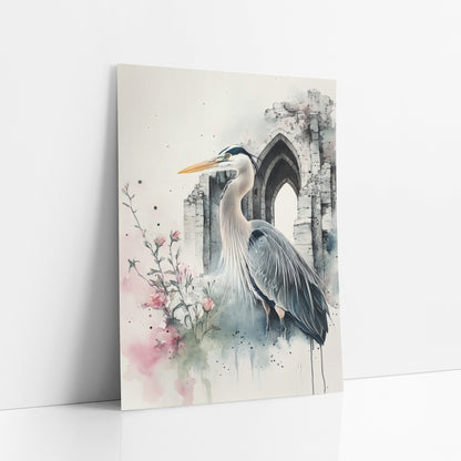 Heron Beside Rosebuds Moody Gothic art print leaning against a white wall – watercolor and ink heron with yellow beak