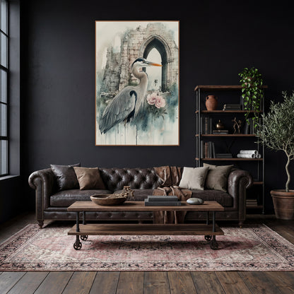 Heron Facing Archway Classic Gothic wall art in a moody dark academia room – gray heron with orange beak standing