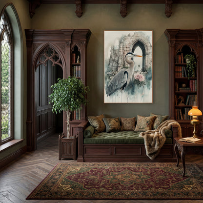 Heron Facing Archway Classic Gothic wall art in a moody dark academia room – gray heron with orange beak standing