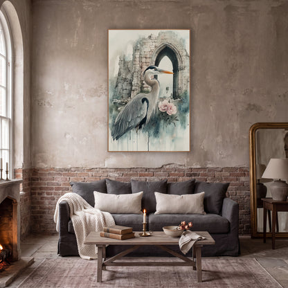 Heron Facing Archway Classic Gothic wall art in a moody dark academia room – gray heron with orange beak standing