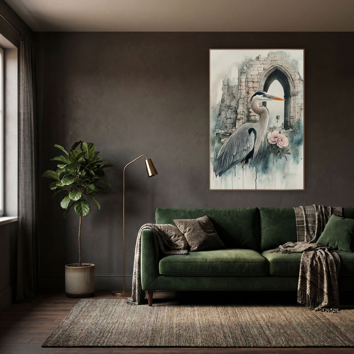 Heron Facing Archway Classic Gothic wall art in a moody dark academia room – gray heron with orange beak standing