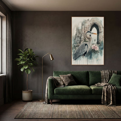Heron Facing Archway Classic Gothic wall art in a moody dark academia room – gray heron with orange beak standing