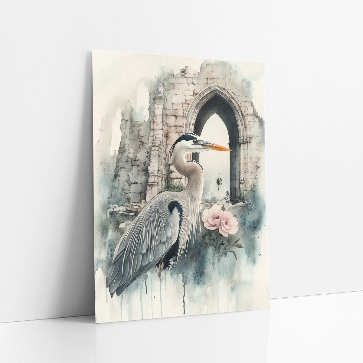 Heron Facing Archway Classic Gothic art print leaning against a white wall – gray heron with orange beak standing before
