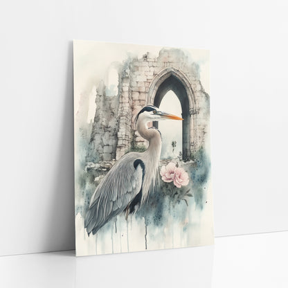 Heron Facing Archway Classic Gothic art print leaning against a white wall – gray heron with orange beak standing before