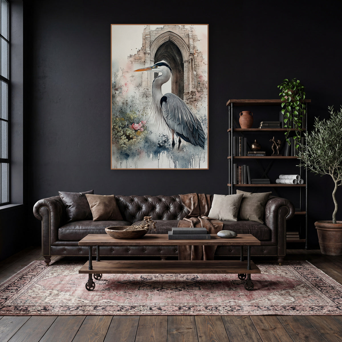 Gray Heron Stone Arch Ruins wall art in a moody dark academia room – gray heron in profile with orange beak before