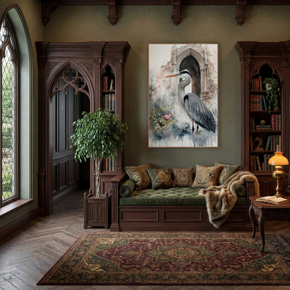 Gray Heron Stone Arch Ruins wall art in a moody dark academia room – gray heron in profile with orange beak before