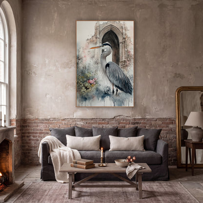 Gray Heron Stone Arch Ruins wall art in a moody dark academia room – gray heron in profile with orange beak before