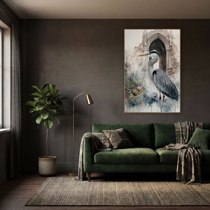 Gray Heron Stone Arch Ruins wall art in a moody dark academia room – gray heron in profile with orange beak before