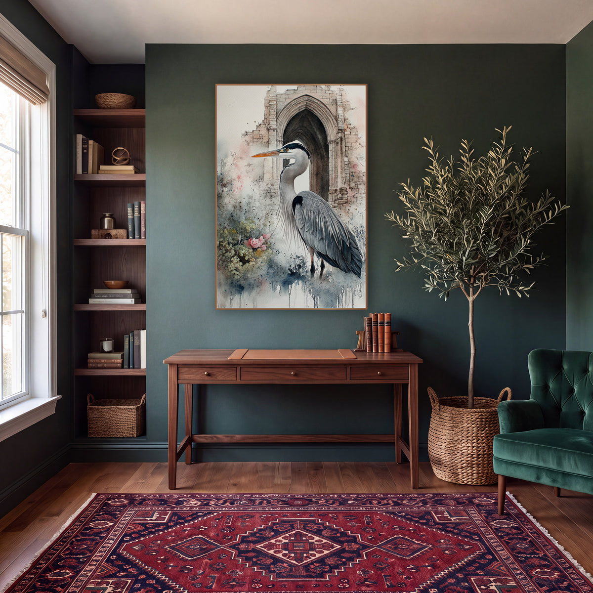 Gray Heron Stone Arch Ruins wall art in a moody dark academia room – gray heron in profile with orange beak before