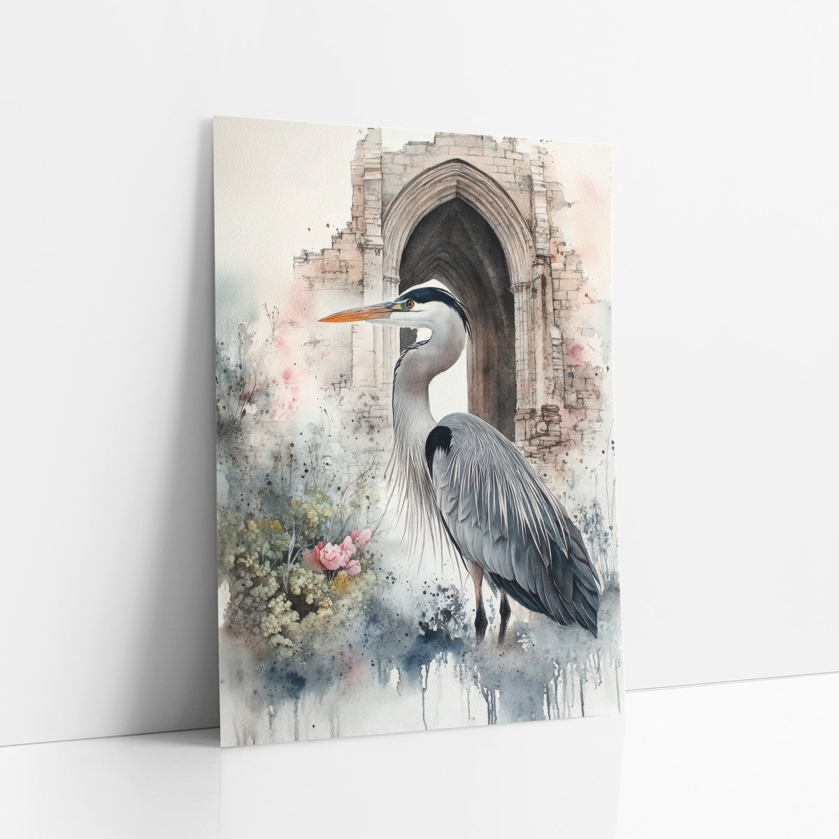 Gray Heron Stone Arch Ruins art print leaning against a white wall – gray heron in profile with orange beak before a ruined