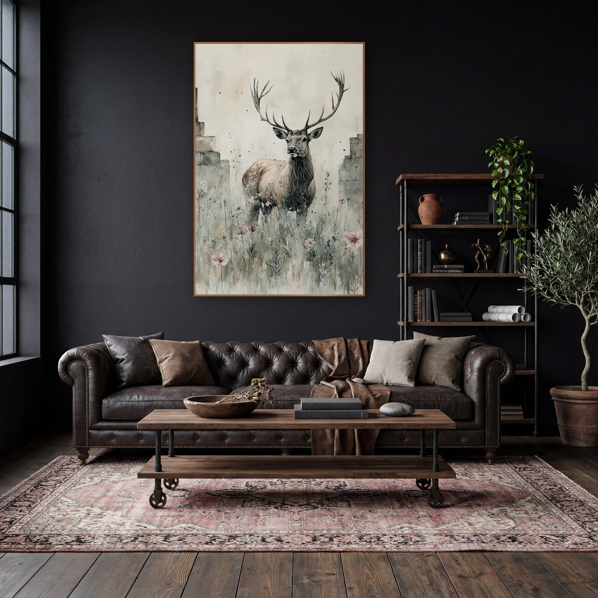Stag Between Crumbling Walls Rustic wall art in a moody dark academia room – antlered stag standing in tall meadow
