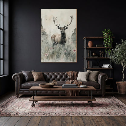 Stag Between Crumbling Walls Rustic wall art in a moody dark academia room – antlered stag standing in tall meadow