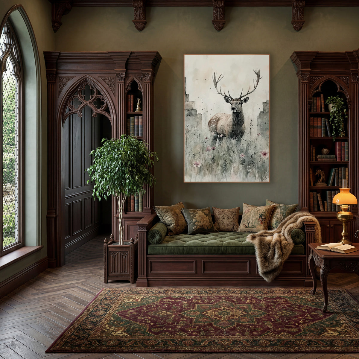 Stag Between Crumbling Walls Rustic wall art in a moody dark academia room – antlered stag standing in tall meadow