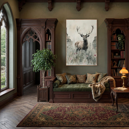 Stag Between Crumbling Walls Rustic wall art in a moody dark academia room – antlered stag standing in tall meadow