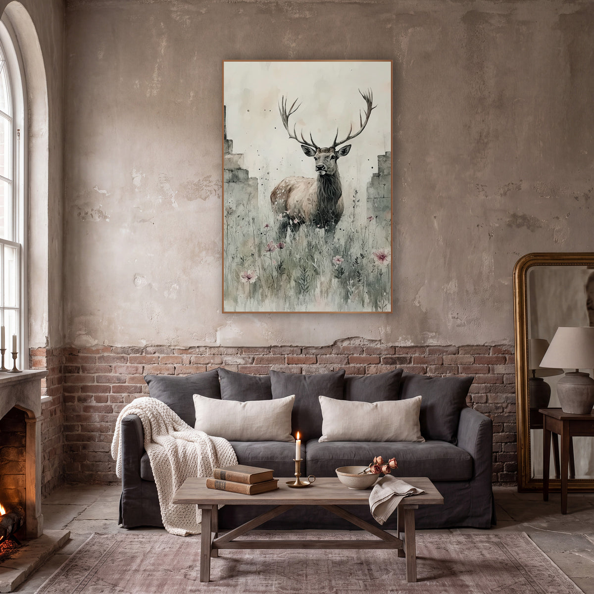 Stag Between Crumbling Walls Rustic wall art in a moody dark academia room – antlered stag standing in tall meadow