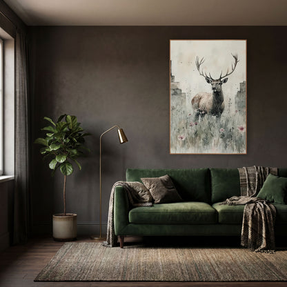 Stag Between Crumbling Walls Rustic wall art in a moody dark academia room – antlered stag standing in tall meadow