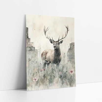 Stag Between Crumbling Walls Rustic art print leaning against a white wall – antlered stag standing in tall meadow grass