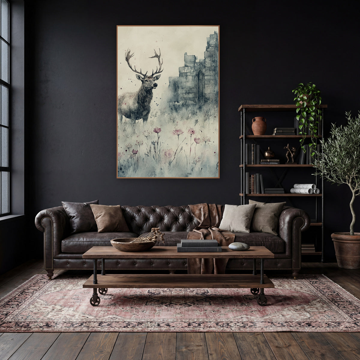 Profile Stag Misty Chapel Gothic wall art in a moody dark academia room – watercolor and ink style stag with wide