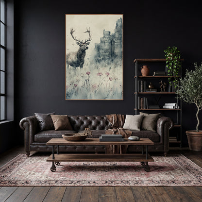 Profile Stag Misty Chapel Gothic wall art in a moody dark academia room – watercolor and ink style stag with wide