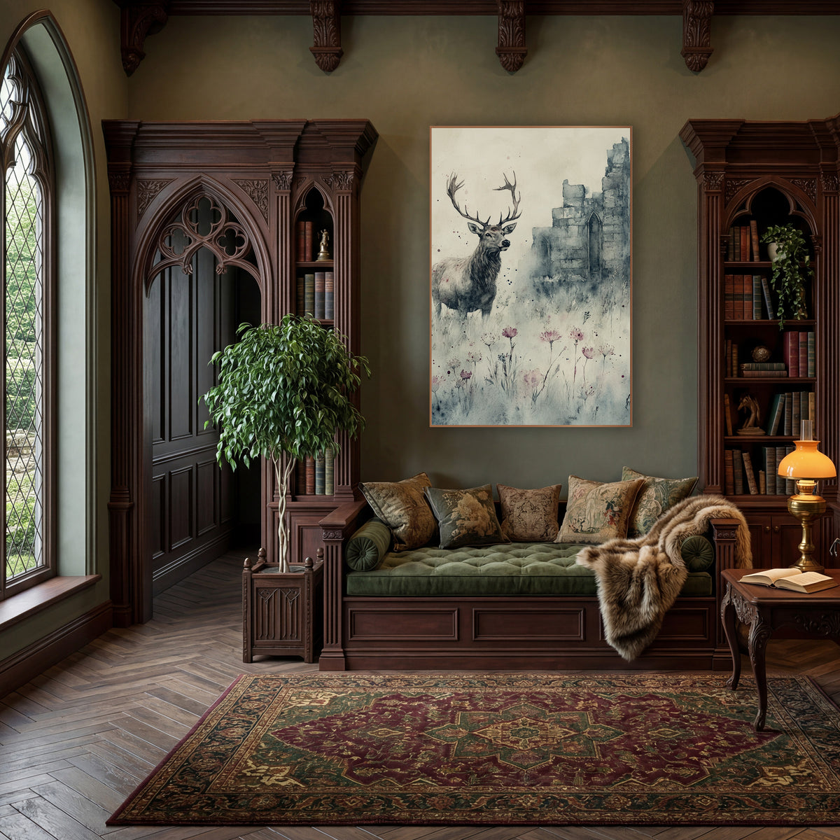 Profile Stag Misty Chapel Gothic wall art in a moody dark academia room – watercolor and ink style stag with wide