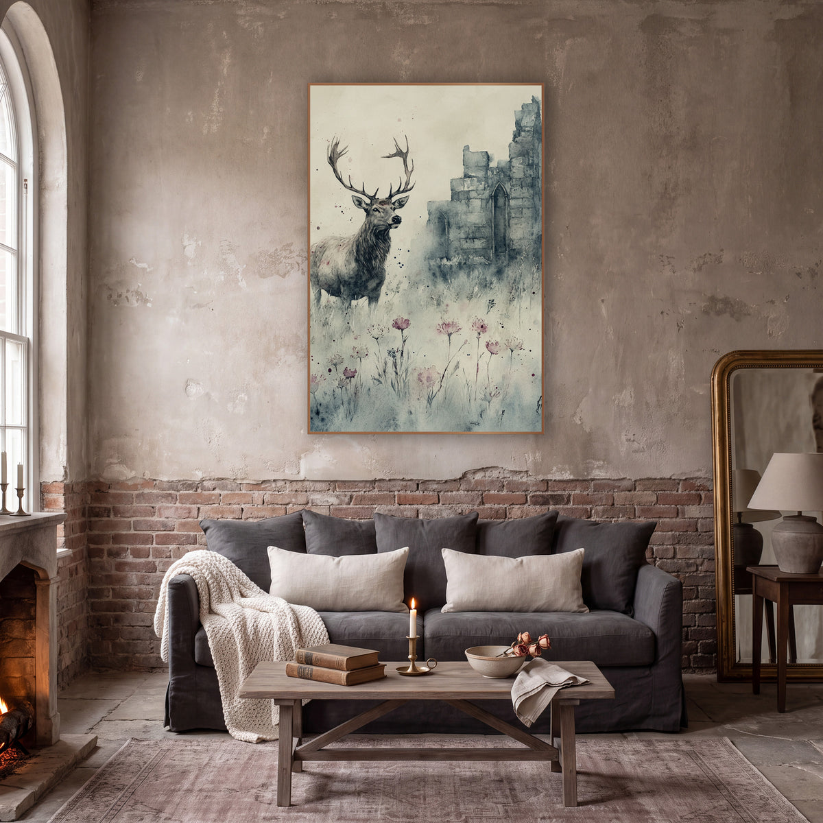 Profile Stag Misty Chapel Gothic wall art in a moody dark academia room – watercolor and ink style stag with wide