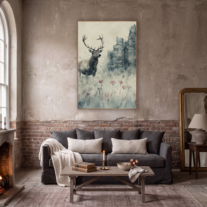 Profile Stag Misty Chapel Gothic wall art in a moody dark academia room – watercolor and ink style stag with wide