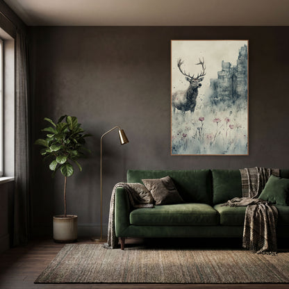 Profile Stag Misty Chapel Gothic wall art in a moody dark academia room – watercolor and ink style stag with wide