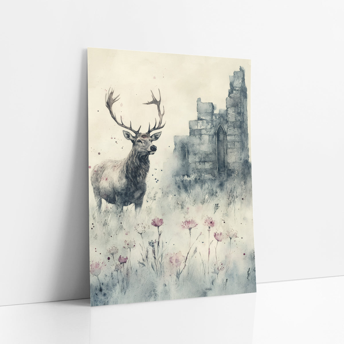Profile Stag Misty Chapel Gothic art print leaning against a white wall – watercolor and ink style stag with wide antlers
