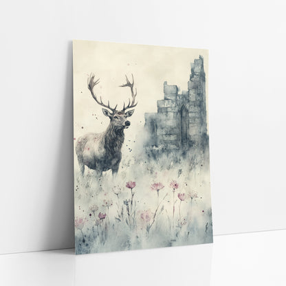 Profile Stag Misty Chapel Gothic art print leaning against a white wall – watercolor and ink style stag with wide antlers