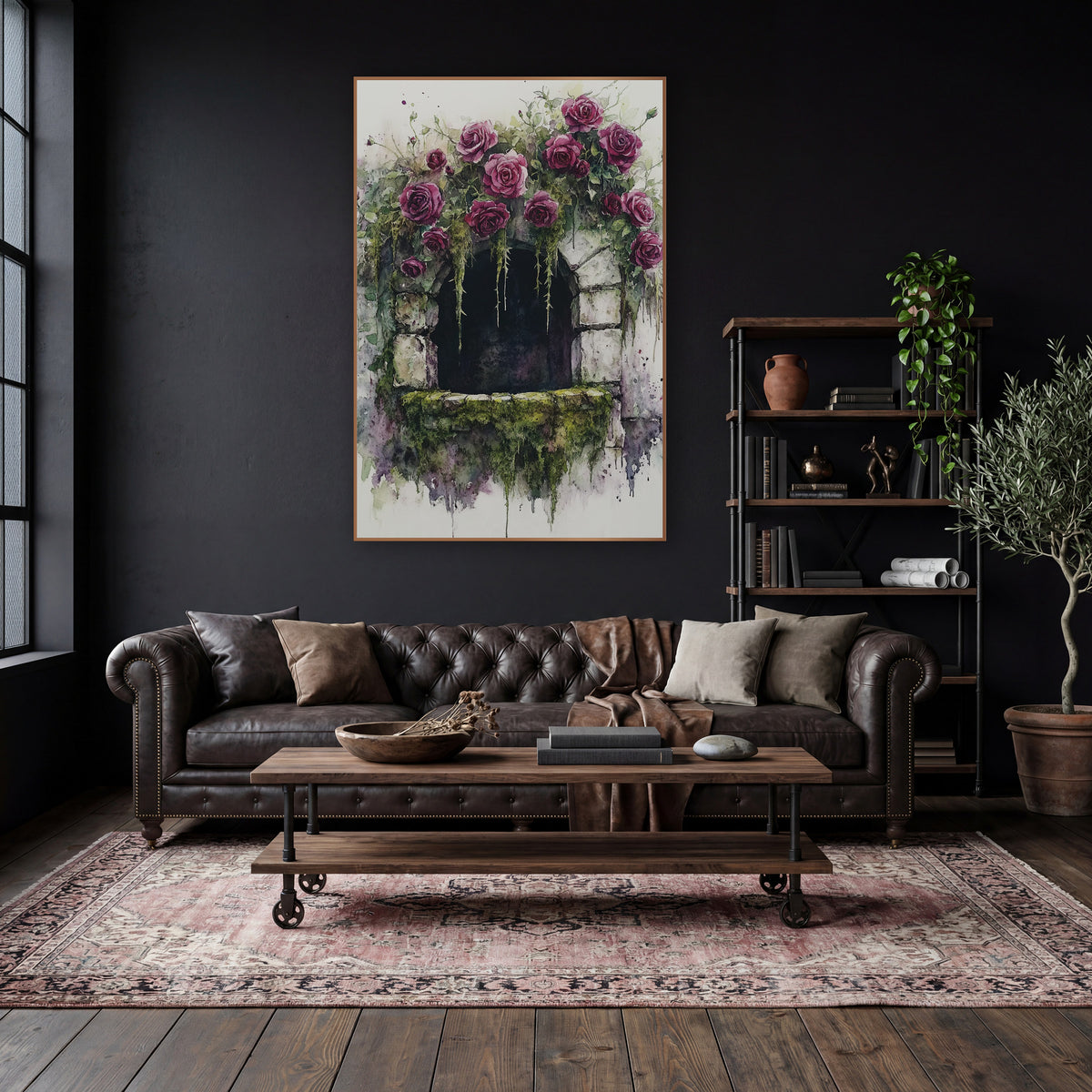 Rose Covered Stone Window Romantic wall art in a moody dark academia room – watercolor and ink style artwork