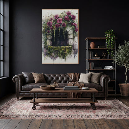 Rose Covered Stone Window Romantic wall art in a moody dark academia room – watercolor and ink style artwork