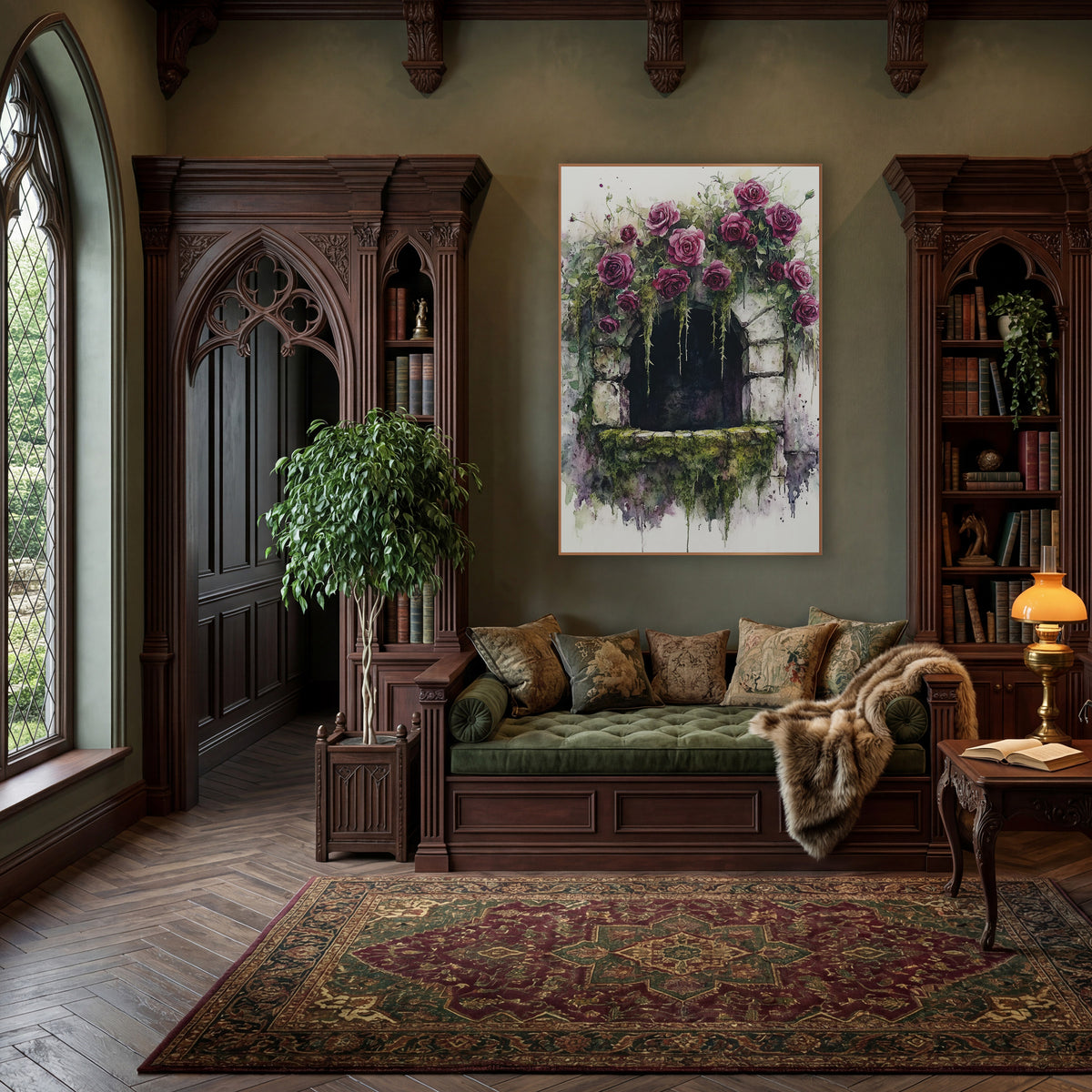 Rose Covered Stone Window Romantic wall art in a moody dark academia room – watercolor and ink style artwork
