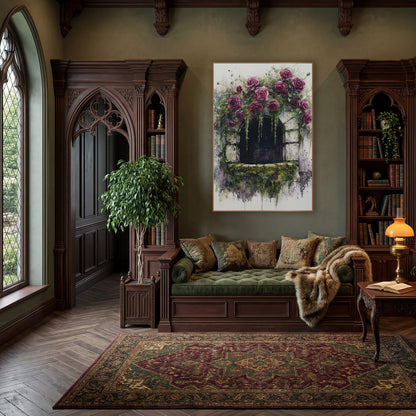 Rose Covered Stone Window Romantic wall art in a moody dark academia room – watercolor and ink style artwork