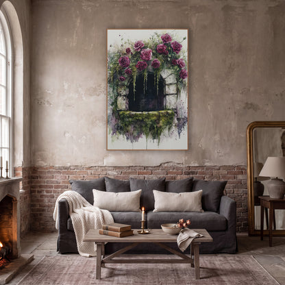 Rose Covered Stone Window Romantic wall art in a moody dark academia room – watercolor and ink style artwork
