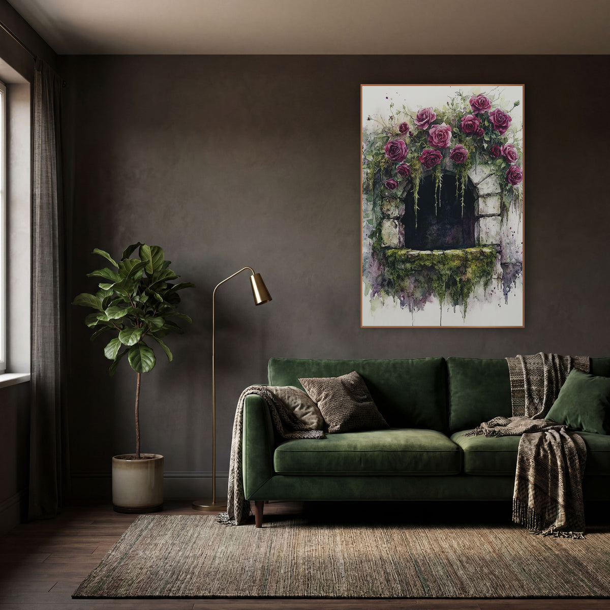 Rose Covered Stone Window Romantic wall art in a moody dark academia room – watercolor and ink style artwork