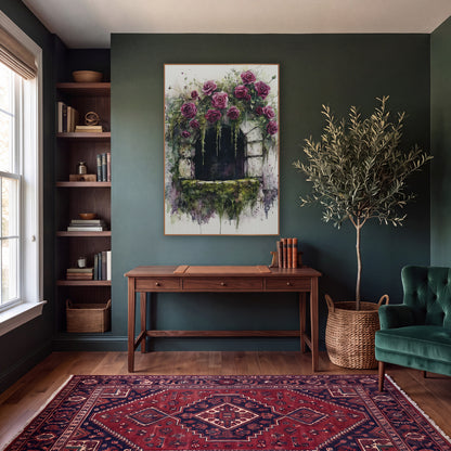 Rose Covered Stone Window Romantic wall art in a moody dark academia room – watercolor and ink style artwork
