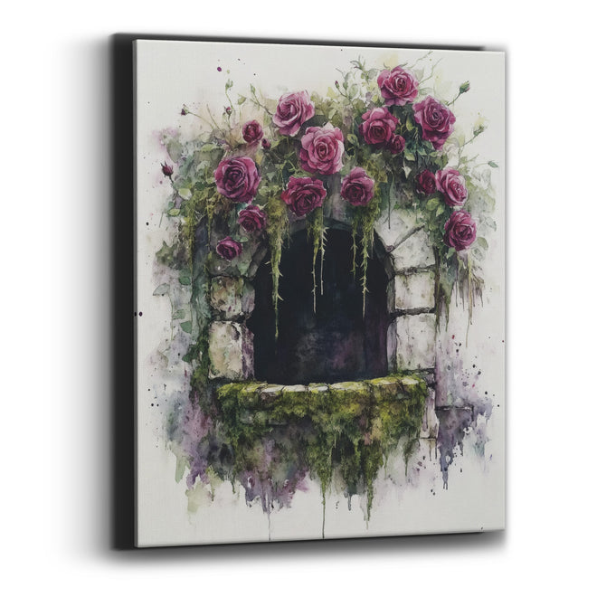 Rose Covered Stone Window Romantic Canvas Wall Art