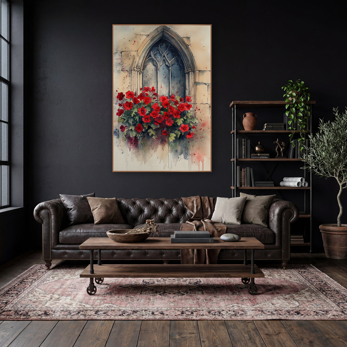 Crimson Geranium Tall Arch Gothic wall art in a moody dark academia room – red flowers with green leaves beneath