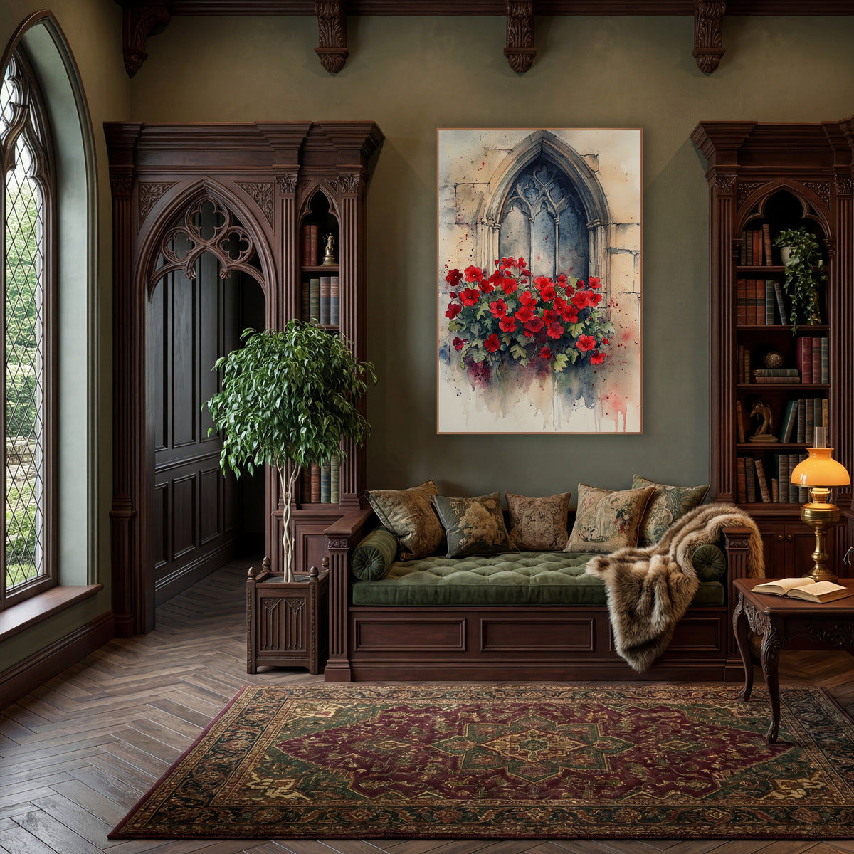 Crimson Geranium Tall Arch Gothic wall art in a moody dark academia room – red flowers with green leaves beneath