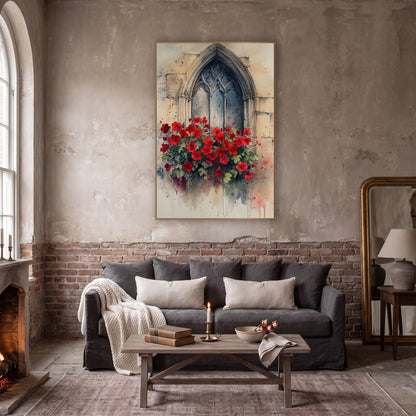 Crimson Geranium Tall Arch Gothic wall art in a moody dark academia room – red flowers with green leaves beneath