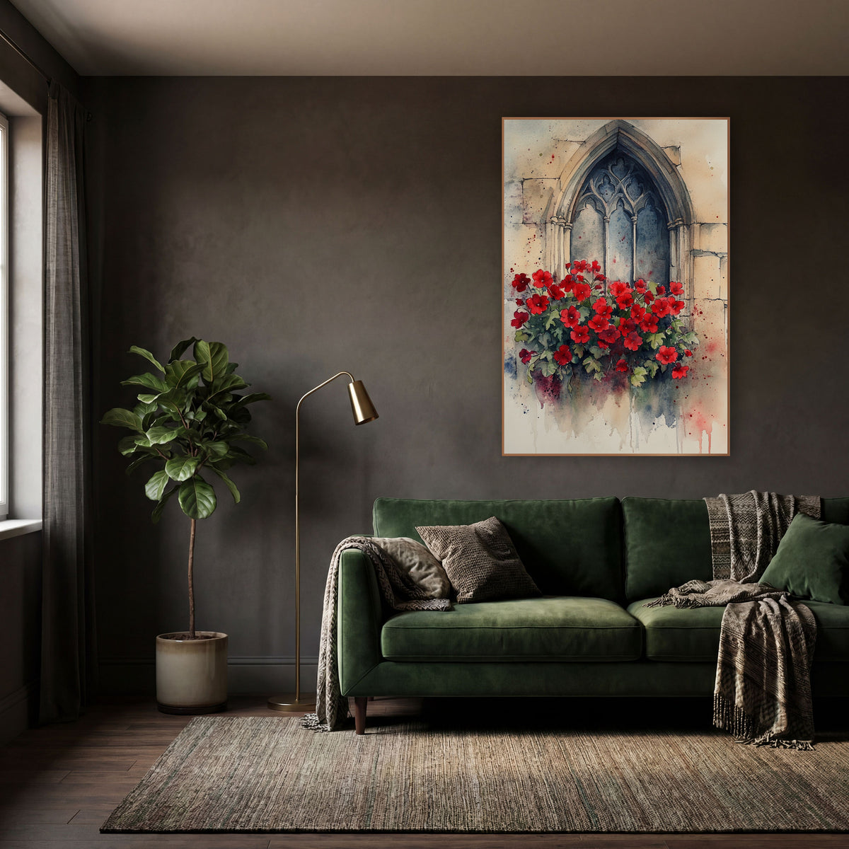 Crimson Geranium Tall Arch Gothic wall art in a moody dark academia room – red flowers with green leaves beneath