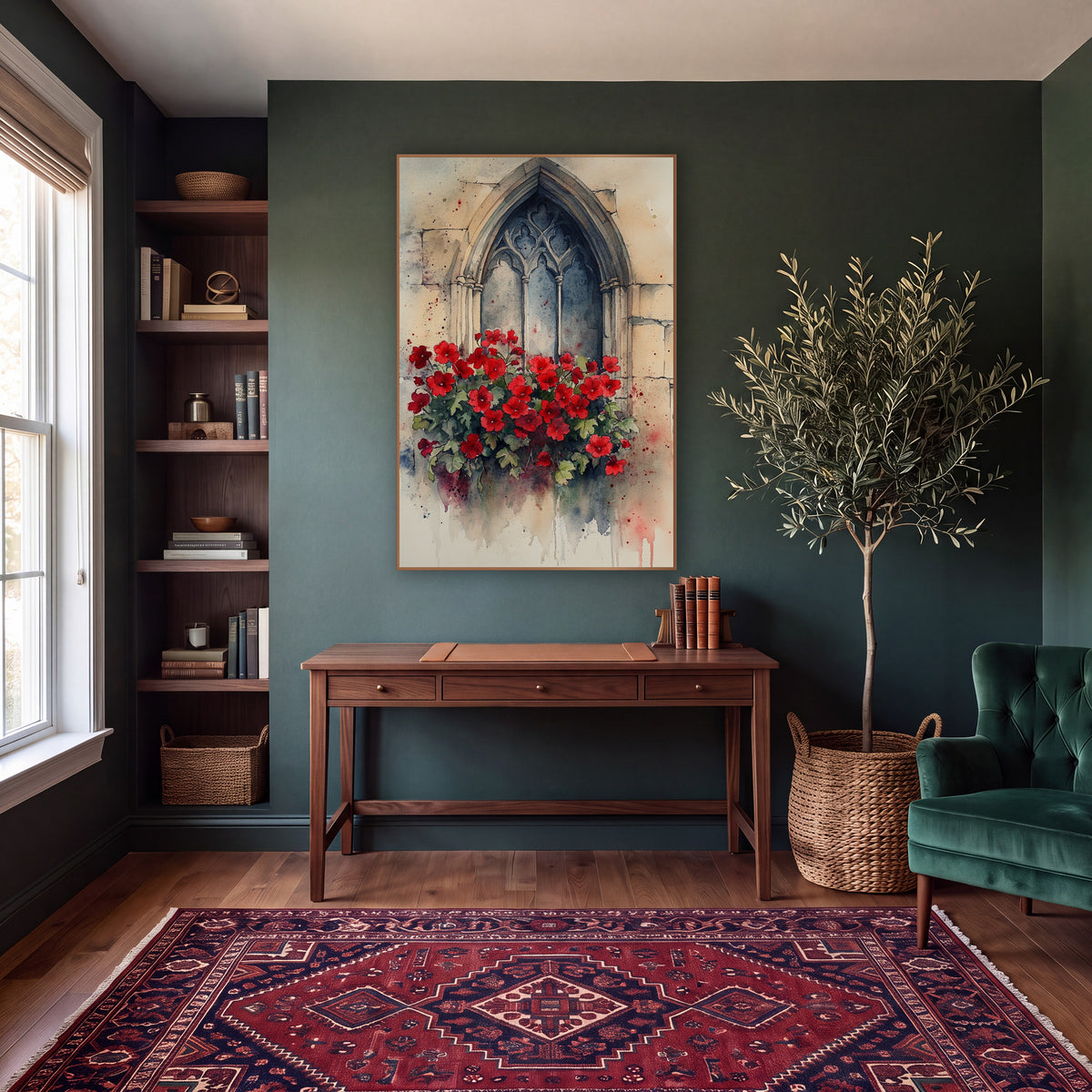 Crimson Geranium Tall Arch Gothic wall art in a moody dark academia room – red flowers with green leaves beneath