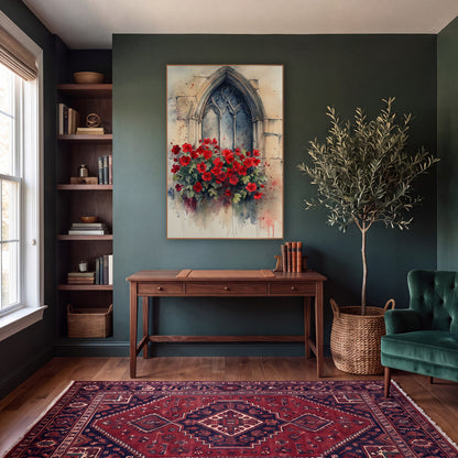 Crimson Geranium Tall Arch Gothic wall art in a moody dark academia room – red flowers with green leaves beneath
