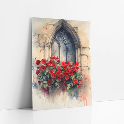 Crimson Geranium Tall Arch Gothic art print leaning against a white wall – red flowers with green leaves beneath a pointed